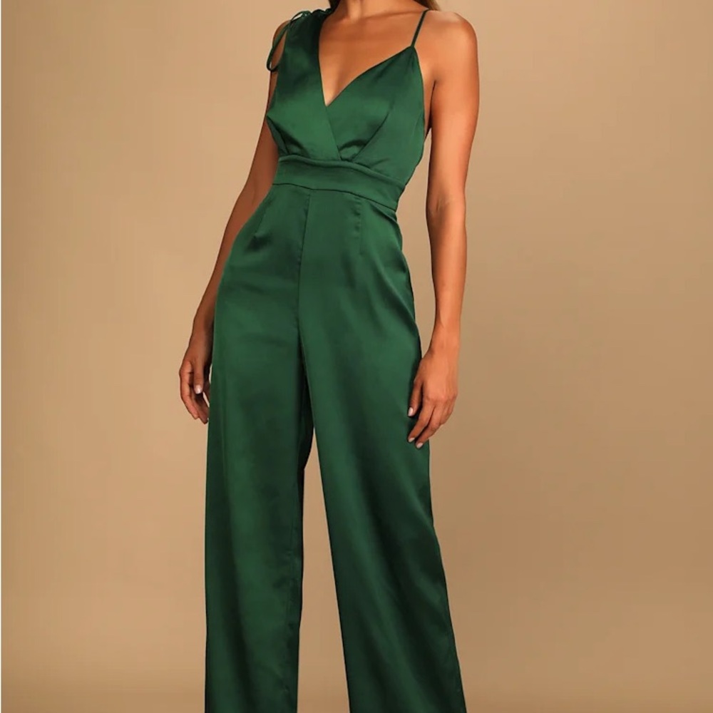 Lulu’s Emerald Green Satin Asymmetrical Wide-Leg Jumpsuit